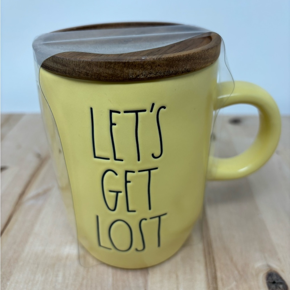 Rae Dunn LET'S GET LOST Mug Yellow with Wooden Top and Black Lettering New